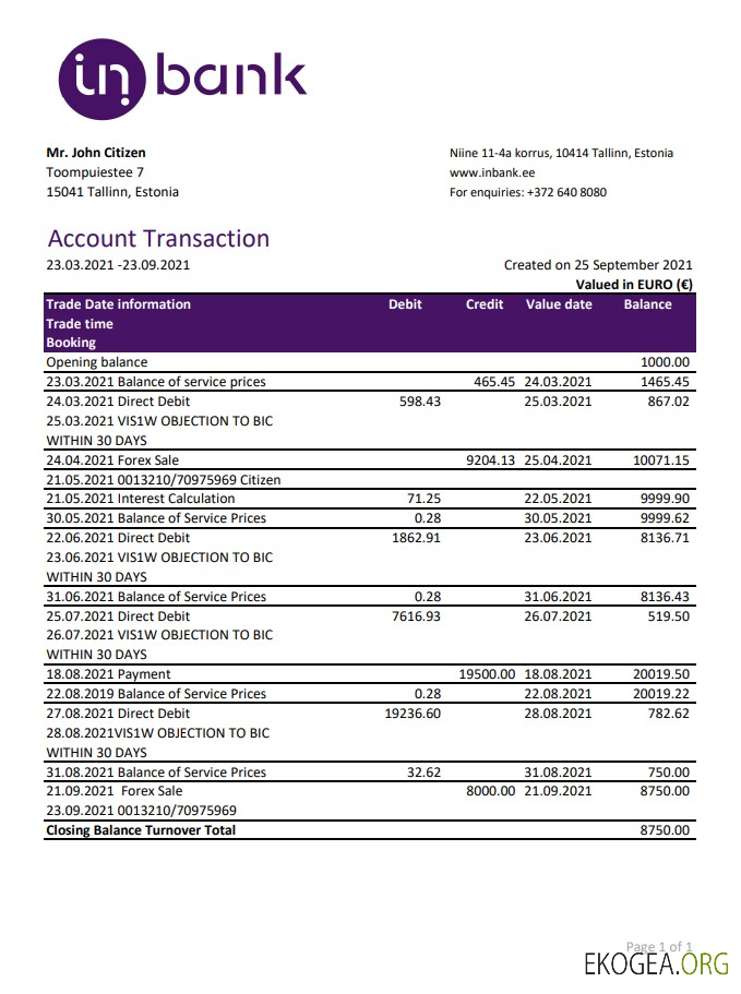 Relevé bancaire d'Estonie Inbank modèle facile à remplir au format Excel et PDF